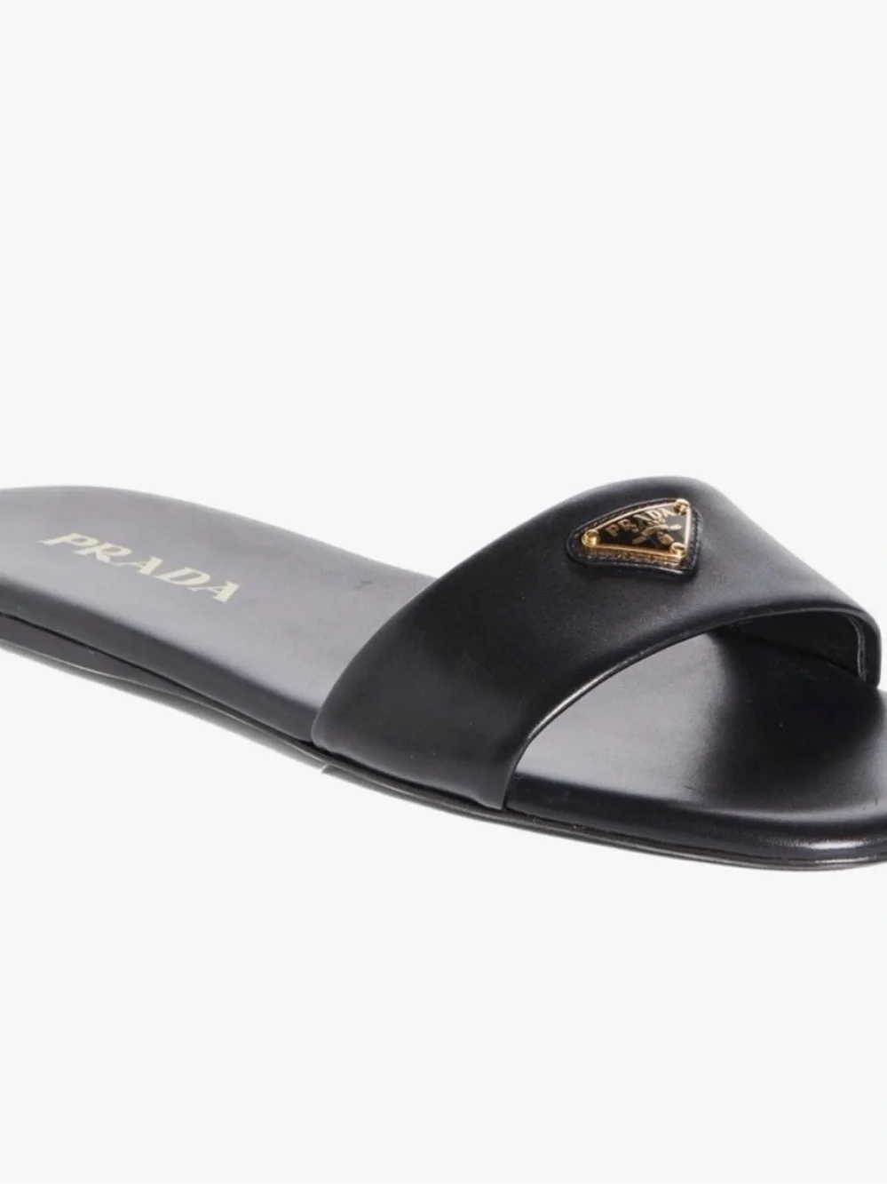 PRADA SLIDE SANDAL MULE BLACK LEATHER WITH METAL TRIANGLE LOGO SZ 39 NEW